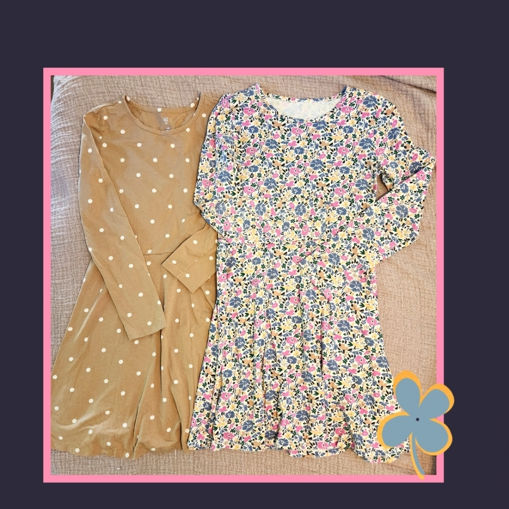 Bundle Of Two Gap 100% Cotton Long Sleeve Dresses, Floral And Polka Dot, XXL